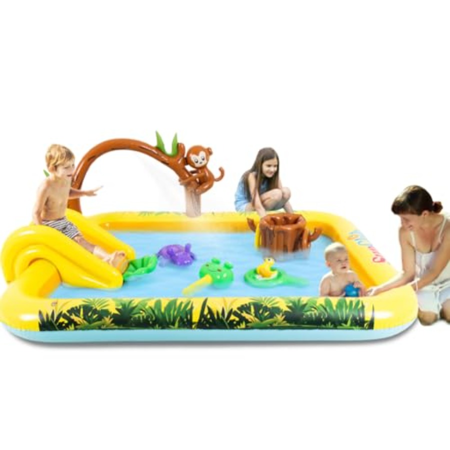 Kids Outdoor Garden - 屋外用インフレータブルジャングルアニマルプレイセンター（裏庭用）：PVC製、緑と茶色、子供用プールスライド、スプリンクラー玩具付き