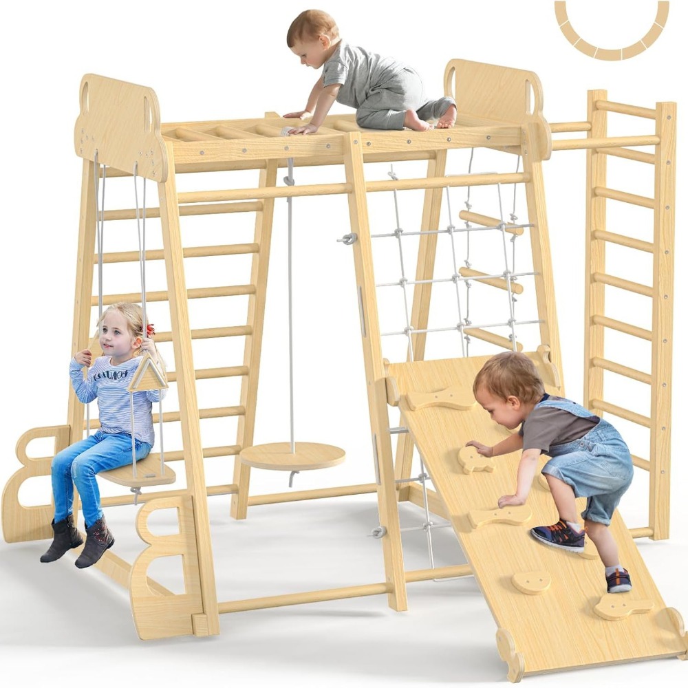 Kids Outdoor Gym - 室内遊具9in1 キッズクライミング遊具 木製クライマー プレイセット スライド、ブランコ、モンキーバー、ロープラダー、クライムネット付き