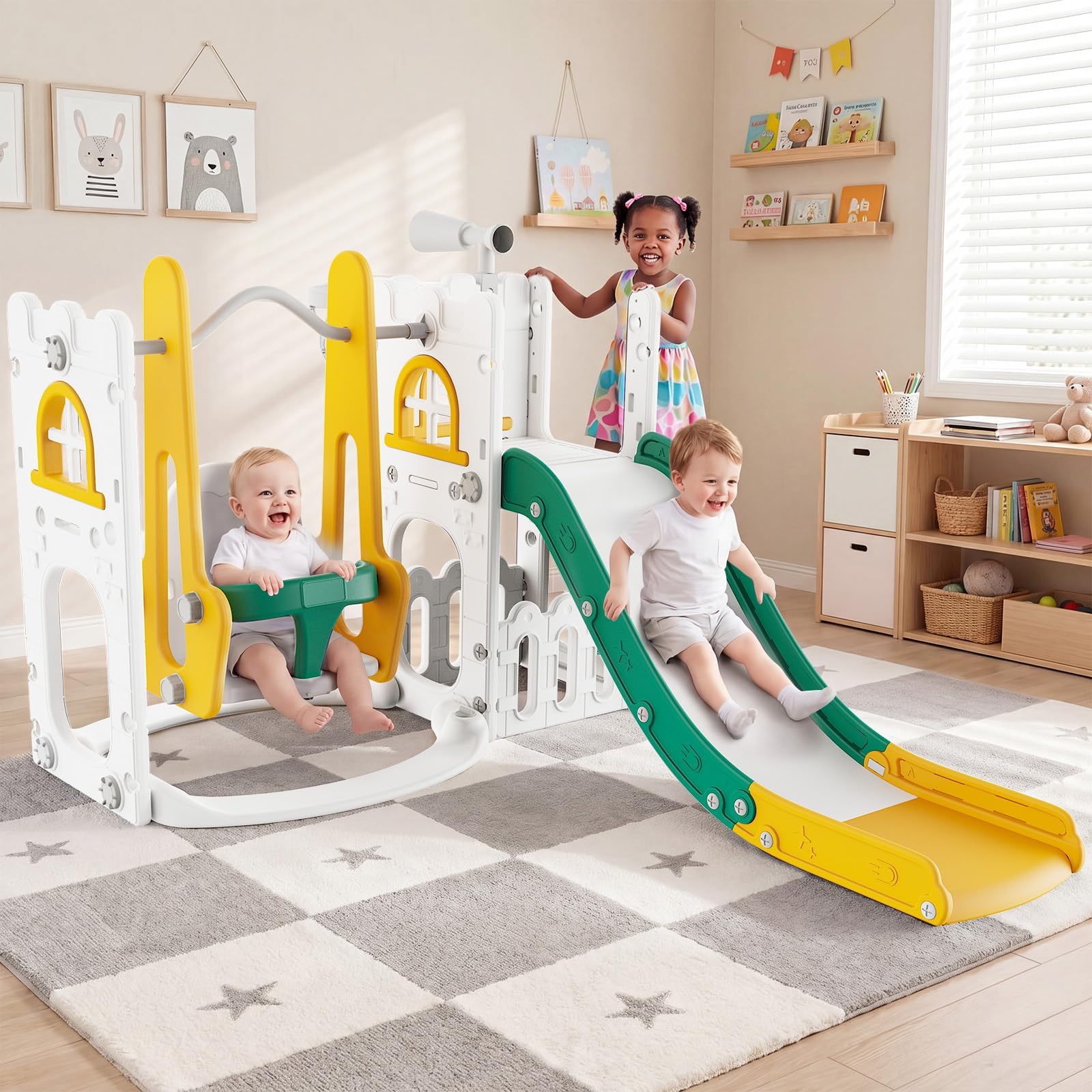 Kids Outdoor Playground - 7 in 1 幼児用スライド＆スイングセット 室内・屋外用キッズプレイグラウンド クライマー