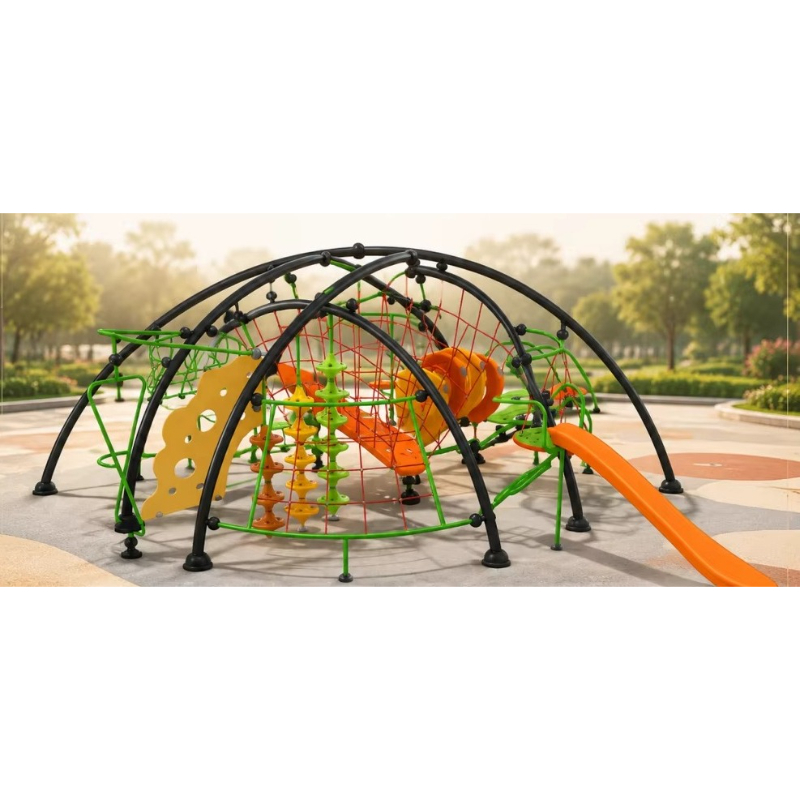 Kids Outdoor Frame - クライミングフレーム、屋外ロープドーム、プレイ構造物、ネットトンネル、アーチフレーム、オレンジスライド、子供用遊具