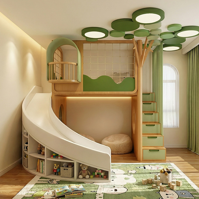 Kids Outdoor Treehouse - 無垢材子供部屋ツリーハウスベッド下キャビネット多機能コーナースライド子供部屋