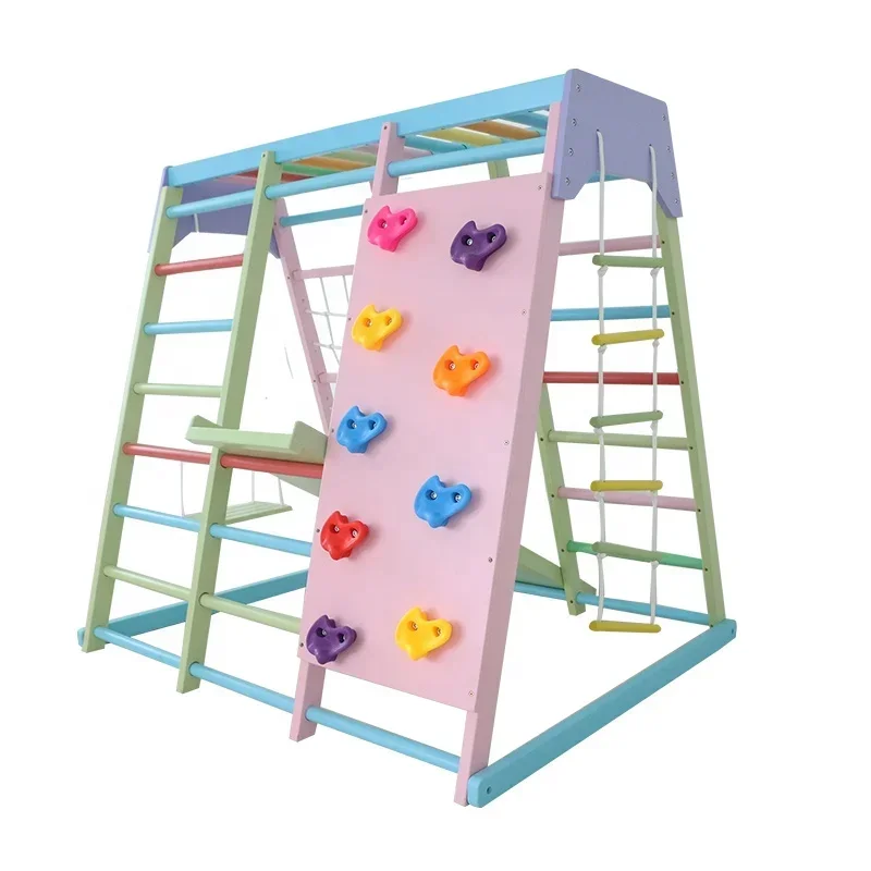 Kids Outdoor Frame - 子供用木製クライミングフレーム屋内セット、ブランコ、滑り台、ジャングルジム付き、家庭用および学校用屋外遊具