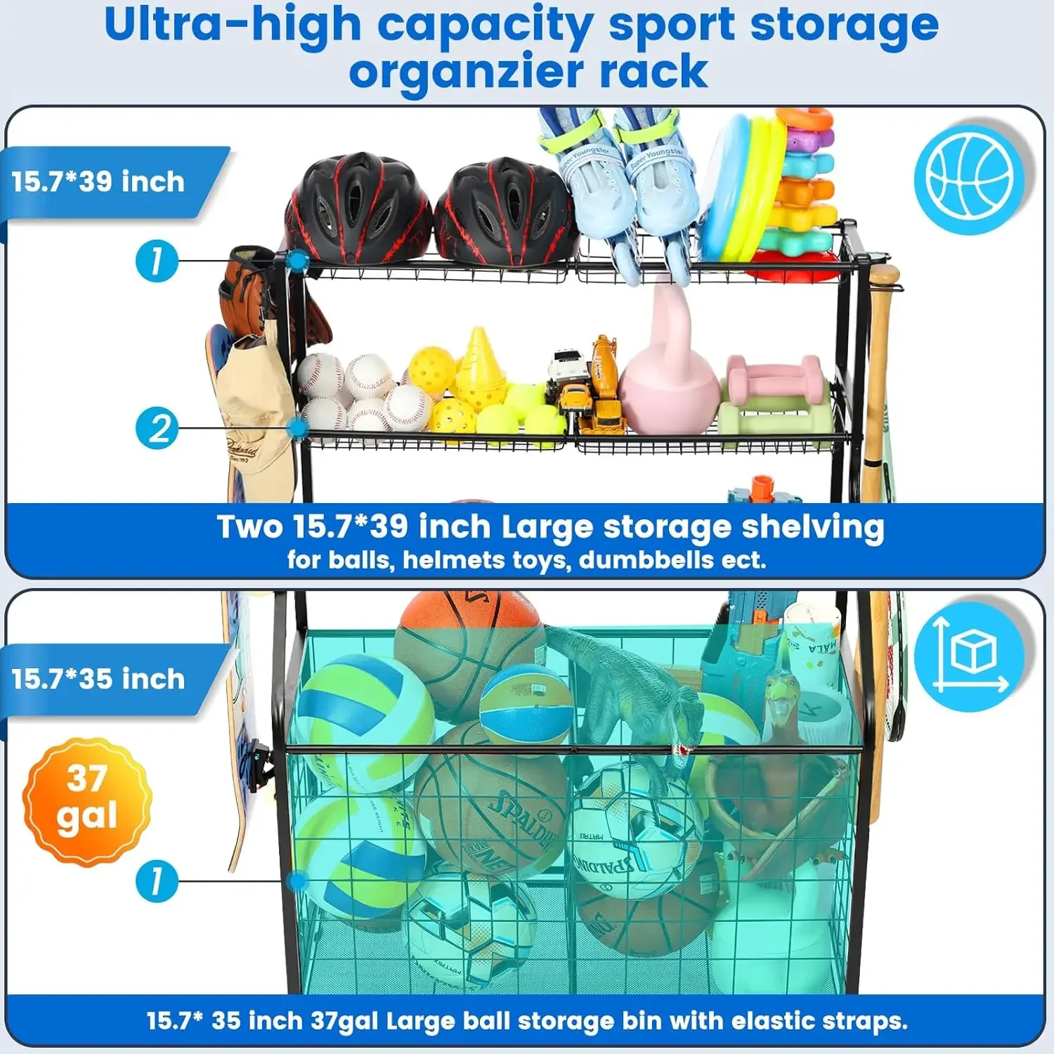 スチールバスケットボールラックオーガナイザー収納ボールバット - Kids Outdoor Gym のレビューと価格